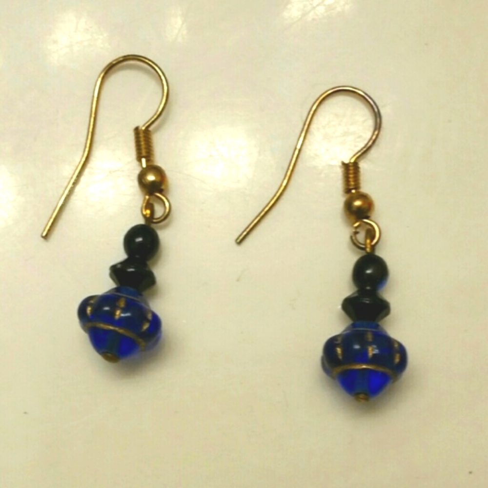 Blue & gold bead hook earrings